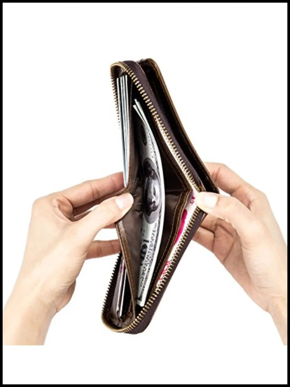 Genuine Cowhide Leather RFID Blocking Zipper Wallet with Coin Pocket